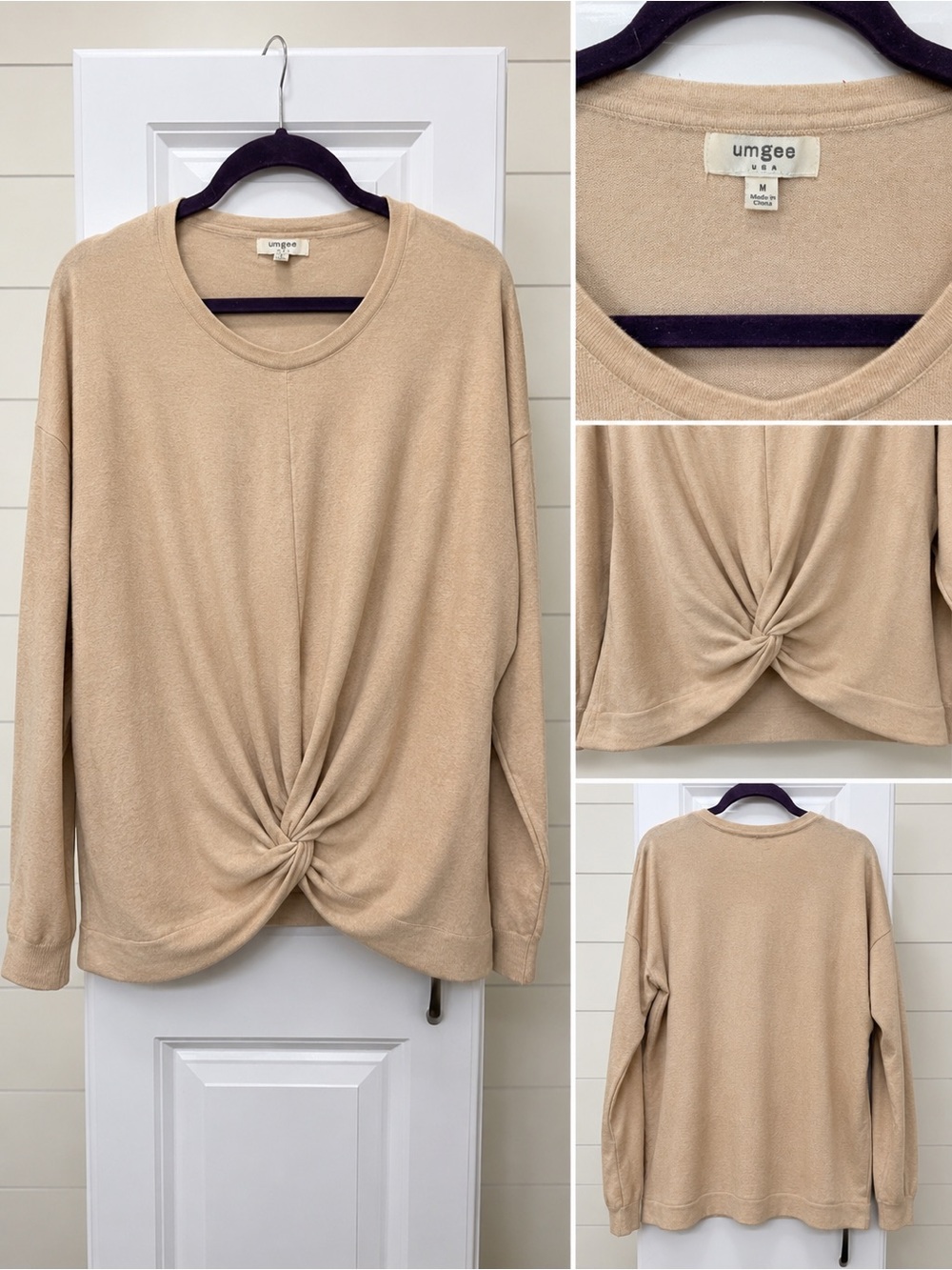 Umgee Neutral Beige Twist-Knot Long Sleeve Top size M